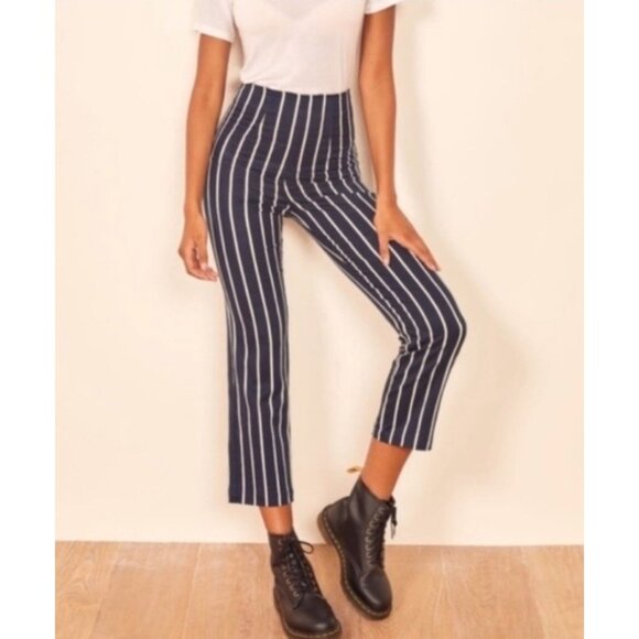 Reformation Trouser Pants Stretch Stripped Cropped Leg Size 10 - Picture 4 of 14
